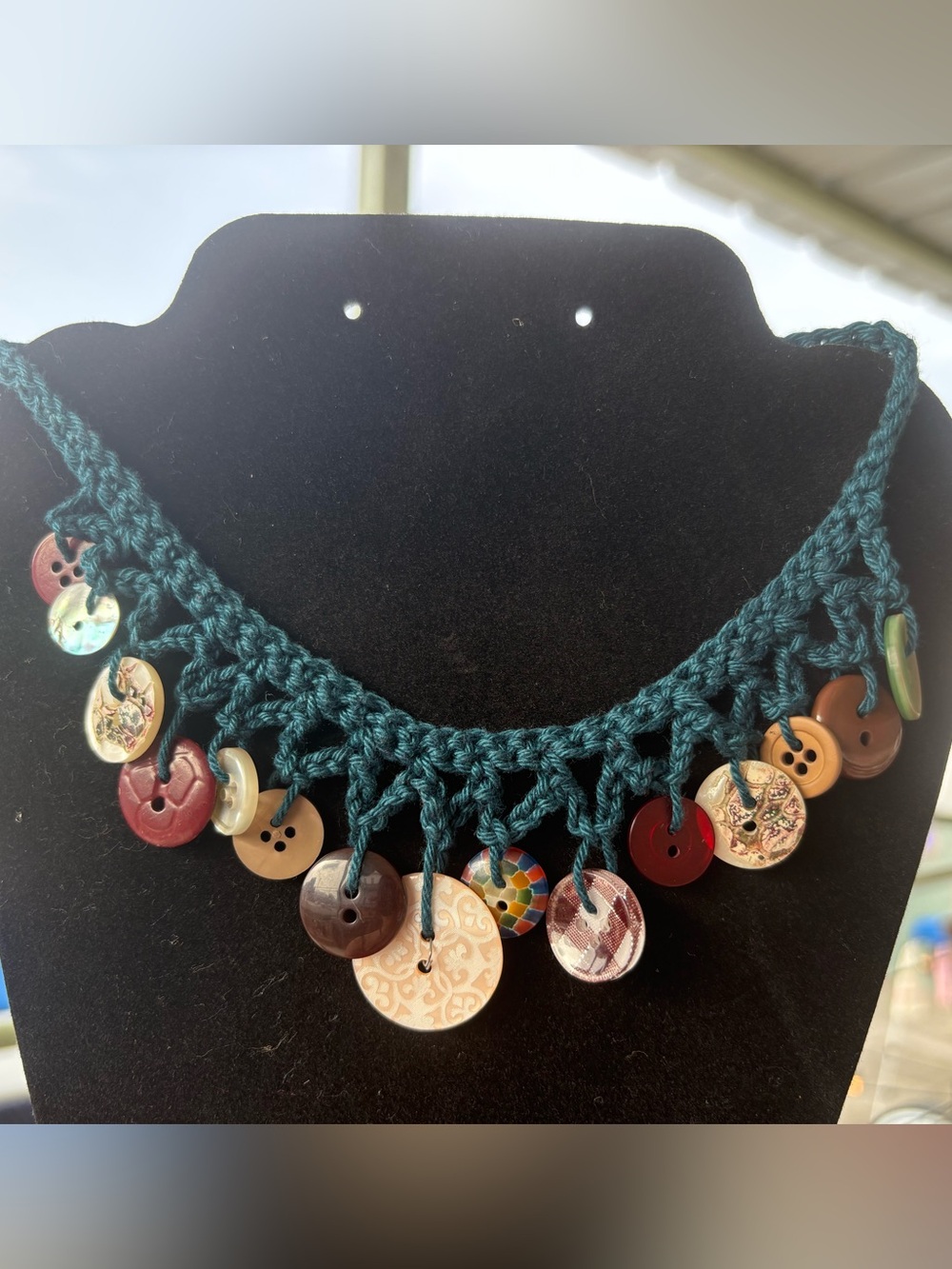 Handmade Teal Crochet Necklace with Assorted Button Whimsigoth Maximalist